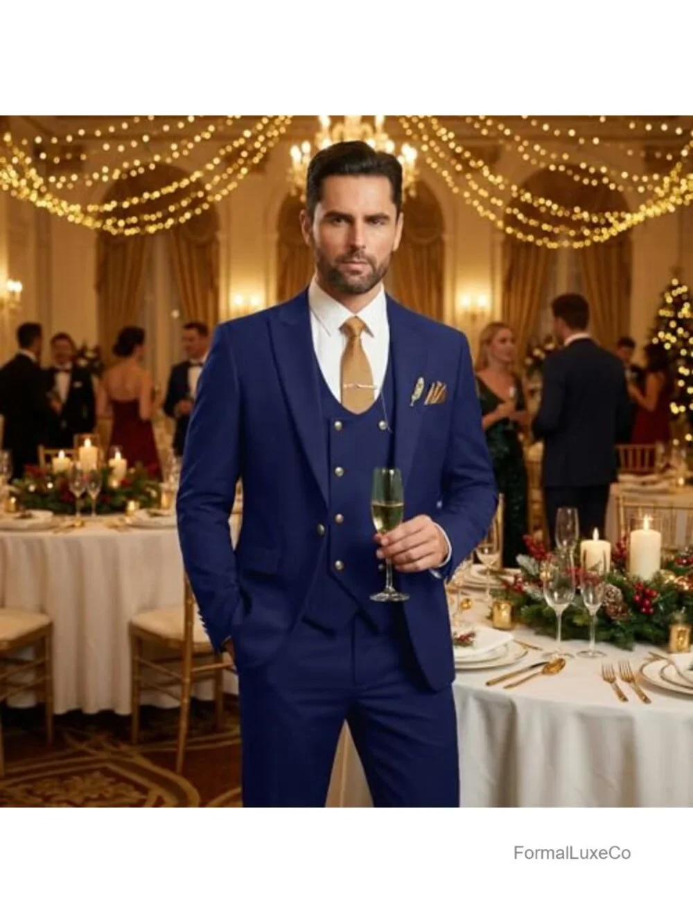 Mens Double Breasted Tuxedo Suit 3 Piece Wedding Groomsmen Metal Buttons